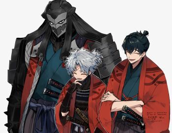 Rule 34 | 3boys, aqua kimono, armor, black hair, black hakama, black kimono, chonmage, closed eyes, crossed arms, fate/grand order, fate (series), gloves, grey hakama, hair knot, hakama, haori, hattori takeo (fate), helmet, highres, itou kashitarou (fate), japanese armor, japanese clothes, katana, kimono, multiple boys, partially fingerless gloves, red haori, scar, scar on face, scar on forehead, sheath, sheathed, smile, sword, topknot, toudou heisuke (fate), weapon, white hair, yuu (areruya)