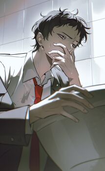 1boy absurdres adachi_tooru adam's_apple arm_up channel_0513 collared_shirt commentary_request covering_own_mouth grey_hair grey_jacket hand_over_own_mouth highres jacket korean_commentary male_focus necktie open_clothes open_collar open_jacket persona persona_4 red_necktie shirt short_hair solo suit_jacket tile_wall tiles toilet white_shirt