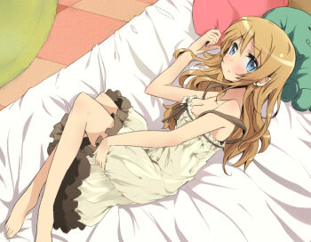 Rule 34 | 1girl, bare shoulders, barefoot, bed, blonde hair, blue eyes, blush, breasts, cleavage, colorized, dress, female focus, frills, kousaka kirino, legs, lineart, lingerie, long hair, lying, maromi (am97), nightgown, octopus, off shoulder, on side, ore no imouto ga konna ni kawaii wake ga nai, revision, solo, strap slip, stuffed toy, underwear