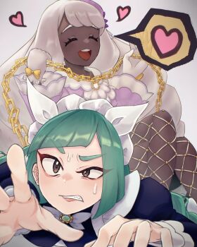 2girls 517pomme :d bow brown_eyes chain clenched_teeth closed_eyes commentary_request dark-skinned_female dark_skin dress eyelashes fishnet_pantyhose fishnets glove_bow gloves green_hair grey_background grey_hair hat heart highres holding holding_chain jacinthe_(pokemon) lebanne_(pokemon) long_hair multiple_girls nintendo open_mouth outstretched_hand pantyhose pokemon pokemon_legends:_z-a puffy_sleeves purple_dress purple_hat smile spoken_heart sweat teeth tilted_headwear tongue upper_teeth_only yellow_bow