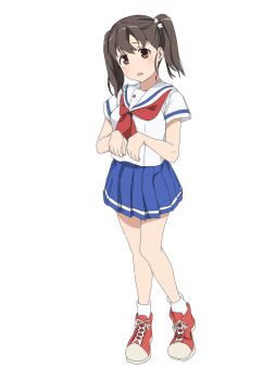 1girl 4uys black_hair blue_skirt brown_eyes commentary_request full_body high_school_fleet highres long_hair looking_at_viewer pleated_skirt red_shoes sailor_collar sailor_shirt school_uniform serafuku shiretoko_rin shirt shoes simple_background skirt sneakers solo twintails white_background white_sailor_collar white_shirt yokosuka_girls_marine_high_school_uniform