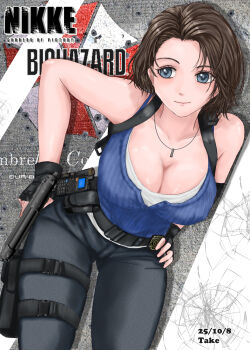 1girl belt black_belt black_gloves black_pants blue_eyes blue_tank_top breasts brown_hair cleavage closed_mouth collarbone dated denim fingerless_gloves gloves goddess_of_victory:_nikke gun handgun highres holding holding_gun holding_weapon holster jeans jewelry jill_valentine large_breasts leaning_forward pants pendant radio resident_evil resident_evil_3:_nemesis resident_evil_3_(remake) short_hair smile solo take_(take-out!) tank_top thigh_holster weapon