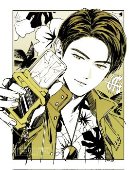 1boy animification commentary_request df0_rn fingernails floral_background floral_print hand_up highres kamen_rider kamen_rider_ex-aid_(series) kujo_kiriya leaf male_focus outside_border parted_hair parted_lips rider_gashat round_eyewear short_hair solo sunglasses unworn_eyewear watermark