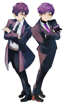 Rule 34 | 2boys, armband, black gloves, black jacket, black pants, black shoes, black sweater, brooch, brown shoes, closed mouth, coat, collared shirt, crossed arms, full body, gloves, highres, jacket, jewelry, library of ruina, lobotomy corporation, long sleeves, looking at viewer, male focus, multiple boys, nakame77, necktie, pants, project moon, purple armband, purple coat, purple hair, purple necktie, shirt, shoes, short hair, simple background, standing, sweater, sweater under shirt, white background, white shirt, yellow eyes, yesod (project moon)