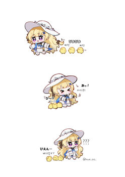 &gt;_&lt; 1girl ? ?? baby_animal bird blonde_hair blue_sash chick commentary hair_ornament hat highres hue_oo korean_text long_hair multiple_views phoebe_(wuthering_waves) purple_eyes sash shirt sitting skirt smile symbol-only_commentary translation_request very_long_hair white_hat white_shirt white_skirt wuthering_waves x_hair_ornament