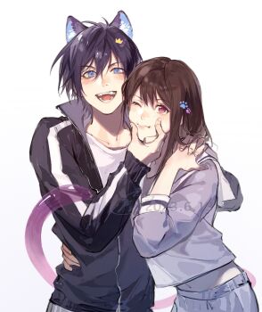 Rule 34 | 1boy, 1girl, :d, :t, absurdres, animal ears, black hair, black jacket, blue eyes, brown hair, cat ears, cat tail, cheek squash, commentary, cowboy shot, dated, hair between eyes, hand on another's face, hand on another's waist, hetero, highres, holding hands, iki hiyori, jacket, kemonomimi mode, long hair, long sleeves, looking at viewer, midriff peek, navel, noragami, one eye closed, open mouth, pink eyes, purple jacket, purple serafuku, purple skirt, school uniform, serafuku, shirt, short hair, side-by-side, signature, simple background, skirt, slit pupils, smile, standing, tail, track jacket, white background, white shirt, xuchuan, yato (noragami)