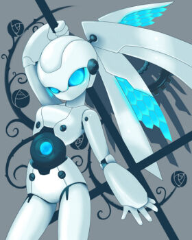 1girl blue_eyes colored_skin drossel_von_flugel fireball_(series) glowing glowing_eyes humanoid_robot joints kiru_(kurma) mechanical_hair no_humans no_mouth no_nose robot robot_girl robot_joints white_skin