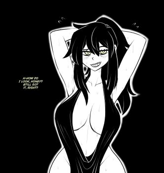 1girl alternate_breast_size_(larger) armpits arms_behind_head black_hair blush breasts cleavage dress english_text highres large_breasts long_hair looking_at_viewer navel no_panties open_mouth pelvic_curtain ponytail raised_eyebrow renee_graves seductive_gaze seductive_smile sharp_teeth smile solo sweat teeth the_coffin_of_andy_and_leyley truelordpotato yellow_eyes