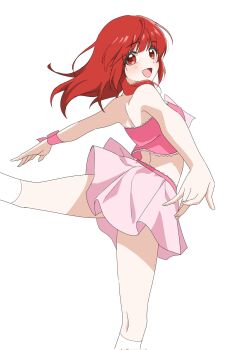 1girl :d bare_arms bare_shoulders bow cropped_shirt dancing from_behind harune_aira highres legs_apart light_blush long_hair looking_at_viewer looking_back midriff miniskirt open_mouth outstretched_arms pink_bow pink_shirt pink_skirt pretty_rhythm pretty_rhythm_aurora_dream pretty_series red_eyes red_hair shirt skirt sleeveless sleeveless_shirt smile socks solo spread_arms standing standing_on_one_leg straight_hair white_socks wrist_bow
