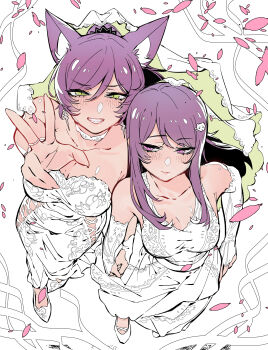 2girls absurdres animal_ear_fluff animal_ears arm_up blush breasts bridal_veil chinese_commentary choker cleavage closed_mouth collarbone commentary dress earrings elbow_gloves female_focus from_above gloves green_eyes grin hair_between_eyes hair_ornament hairpin highres holding_hands jewelry kakult2017 ksp_(vtuber) large_breasts long_hair looking_at_viewer looking_up medium_breasts meridian_project mole mole_on_breast multiple_girls petals purple_eyes purple_hair seki_(vtuber) sidelocks simple_background smile strapless strapless_dress swept_bangs tsurime v veil virtual_youtuber wedding_dress white_background white_choker white_dress white_footwear white_gloves wife_and_wife yuri