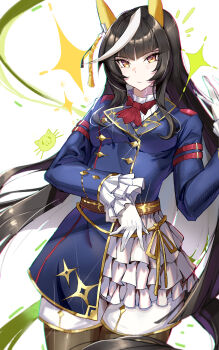 1girl absurdres animal_ears ascot black_hair black_pantyhose blue_jacket blunt_bangs breasts buttons calstone_light_o_(one_true_path)_(umamusume) calstone_light_o_(umamusume) cat closed_mouth commentary_request double-breasted ear_covers gloves highres hime_cut hl_(user_zjud7874) horse_ears horse_girl horse_tail jacket long_hair looking_at_viewer medium_breasts multicolored_hair pantyhose red_ascot shorts skirt solo sparkle streaked_hair striped_hair tail umamusume white_gloves white_hair white_shorts white_skirt yellow_eyes