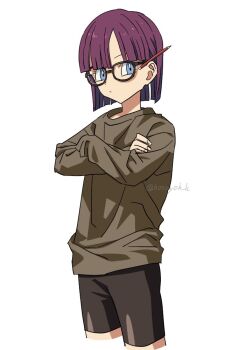 1girl bike_shorts black_shorts blue_eyes blunt_bangs blunt_ends chrono_trigger cowboy_shot crossed_arms glasses grey_shirt hosodayo long_sleeves lucca_ashtear parted_bangs pencil_behind_ear purple_hair shirt short_hair shorts solo toriyama_akira_(style) twitter_username white_background