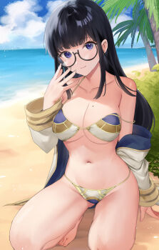 1girl adapted_costume adjusting_eyewear bare_shoulders beach bikini black_hair breasts cleavage cloud collarbone female_kiran_(fire_emblem) fire_emblem fire_emblem_heroes glasses haru_(nakajou-28) highres kiran_(fire_emblem) large_breasts light_blush long_hair looking_at_viewer midriff mole mole_on_breast mole_under_eye navel nintendo ocean open_clothes open_robe purple_eyes robe semi-rimless_eyewear smile solo squatting strap_slip swimsuit under-rim_eyewear