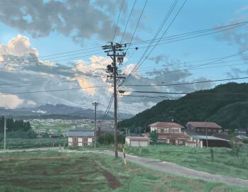 blue_sky building cloud cloudy_sky commentary_request day hill house no_humans ootoro_(yfds5522) original outdoors power_lines road rural scenery sky tree utility_pole