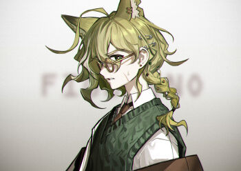 1boy absurdres ahoge alternate_costume animal_ears arknights asymmetrical_hair blurry blurry_background chinese_commentary commentary_request curly_hair earrings english_text figurino_(arknights) five-fall from_side glasses green_eyes green_hair green_vest hair_between_eyes highres jewelry looking_at_viewer low_ponytail male_focus multicolored_hair necktie nervous notched_ear official_artist_extra paperclip parted_lips ponytail portrait shirt solo streaked_hair stud_earrings sweat sweater_vest teeth third-party_source vest white_hair white_shirt wolf_boy wolf_ears