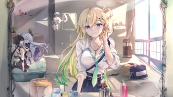 Rule 34 | 3girls, abby (wuthering waves), bag, black hair, black skirt, blonde hair, breasts, cleavage, closed mouth, commentary request, female rover (wuthering waves), gradient hair, green hair, green necktie, grey hair, hair ornament, hand up, highres, indoors, long hair, looking at viewer, low ponytail, lynae (wuthering waves), medium breasts, mornye (wuthering waves), multicolored hair, multiple girls, necktie, ponytail, purple eyes, reflection, reflection focus, rover (wuthering waves), school bag, shirt, shirt tucked in, skirt, skull hair ornament, smile, white shirt, wuthering waves, xinxin, yuri