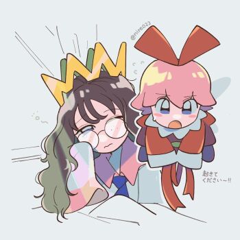 Rule 34 | 2girls, artist name, black hair, crown, fairy, fairy wings, freckles, grey background, kirby (series), kirby 64, long hair, messy hair, multiple girls, ni re, nintendo, one eye closed, pink hair, red ribbon, ribbon, ribbon (kirby), ripple star queen, simple background, sleeves past fingers, sleeves past wrists, wings