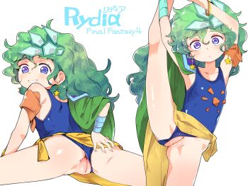 1girl ass bangle bare_shoulders blue_one-piece_swimsuit blush bracelet cape character_name cleft_of_venus closed_mouth clothing_aside copyright_name earrings final_fantasy final_fantasy_iv flat_chest from_behind green_cape green_hair grin hair_ornament hand_on_own_ass highres jewelry leg_up loli long_hair looking_at_viewer multiple_views one-piece_swimsuit purple_eyes pussy rydia_(ff4) rydia_(young)_(ff4) sarong side_cape smile split standing standing_on_one_leg standing_split star_(symbol) star_earrings swimsuit swimsuit_aside white_background yellow_sarong yucopi