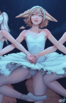 3girls animal_ears artist_name ballerina ballet ballet_slippers bare_arms bare_shoulders blonde_hair brown_hair collarbone cowboy_shot dress female_focus highres holding_hands khiara_(personal_ami) multiple_girls pantyhose parted_lips personal_ami short_hair signature skinny standing tail torn_clothes torn_pantyhose tutu upper_body