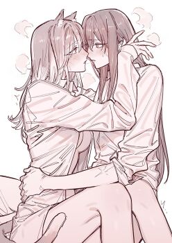 2girls animal_ears blush breath cat_ears cat_girl cat_tail collared_shirt commentary hand_in_another&#039;s_hair hand_on_another&#039;s_waist highres ikarin kemonomimi_mode long_hair monochrome multiple_girls parted_lips path_to_nowhere rahu_(path_to_nowhere) saliva saliva_trail scar scar_across_eye scar_on_arm scar_on_face shalom_(path_to_nowhere) shirt sitting sleeves_past_wrists sleeves_rolled_up sweat tail yuri