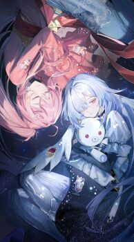 2girls absurdres aemeath_(wuthering_waves) black_skirt closed_eyes closed_mouth colored_eyelashes commentary english_commentary flower from_above grey_hair hair_flower hair_intakes hair_ornament hair_over_one_eye highres holding holding_stuffed_toy jacket long_hair mornye_(wuthering_waves) multiple_girls official_alternate_costume pink_hair red_eyes red_jacket secretfj520 see-through_body shirt skirt smile stuffed_animal stuffed_toy very_long_hair white_shirt wuthering_waves