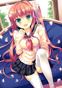 Rule 34 | 1girl, :d, black skirt, blush, breasts, cardigan, collarbone, commentary request, couch, fangs, flower, green eyes, hair flower, hair ornament, hair ribbon, holding own leg, indoors, large breasts, long hair, long sleeves, looking at viewer, miniskirt, mochiko (mochiko3121), neckerchief, on couch, one side up, open mouth, original, petals, pink petals, plaid clothes, plaid skirt, plant, pleated skirt, purple ribbon, red hair, red neckerchief, ribbon, school uniform, sitting, skirt, sleeves past wrists, smile, solo, thighhighs, top of moe 2013, very long hair, white hair, white thighhighs, window, yellow cardigan, zettai ryouiki