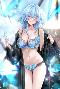 1girl bare_shoulders blue_bra blue_butterfly blue_hair blush bra breasts bug butterfly cleavage closed_mouth collarbone colored_eyelashes commentary cowboy_shot floral_print floral_print_bra floral_print_panties hair_between_eyes highres insect long_hair looking_at_viewer m_(1n910) medium_breasts navel panties print_panties purple_eyes shorekeeper_(wuthering_waves) smile solo stomach thigh_gap thighs underwear wuthering_waves