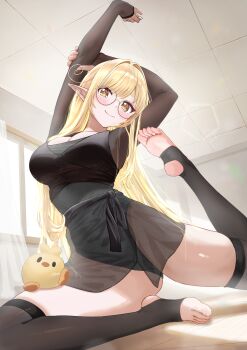 Rule 34 | 1girl, absurdres, arm up, blonde hair, breasts, cleavage, closed mouth, earrings, glasses, glitch stars, highres, jewelry, kamogumi (kanna yanagi), kanna yanagi, ken akai, leotard, long hair, pointy ears, round eyewear, second-party source, shadow, sleeves past wrists, solo, stirrup legwear, stretching, thighhighs, toeless legwear, toes, virtual youtuber, window, yellow eyes