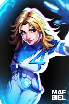 1girl artist_name belt black_background blue_eyes bodysuit breasts earrings energy_barrier energy_shield gloves hands_on_own_hips highres jewelry large_breasts lips maebiel marvel marvel_rivals smile sue_storm
