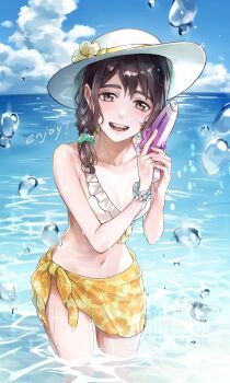 Rule 34 | 1girl, bikini, black hair, bleach, blue sky, braid, breasts, brown eyes, cleavage, cloud, collarbone, commentary request, etranger140, frilled skirt, frills, hair ornament, hair scrunchie, hat, highres, hinamori momo, holding, holding water gun, horizon, ocean, scrunchie, single braid, skirt, sky, small breasts, solo, sun hat, swimsuit, wading, water gun, watermark, wet, white bikini, white hat, yellow skirt