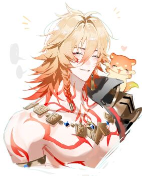 1boy arm_tattoo armlet black_coat blank_speech_bubble blonde_hair blush braid chest_tattoo chimera_(honkai:_star_rail) chinese_commentary closed_eyes coat commentary_request earrings facial_tattoo gold_earrings gold_necklace gradient_hair highres honkai:_star_rail honkai_(series) jewelry male_focus medium_hair multicolored_hair mydei_(fig_stew)_(honkai:_star_rail) mydei_(honkai:_star_rail) necklace open_clothes open_coat red_hair red_tattoo side_braid smile solo speech_bubble suirandanshihao tattoo