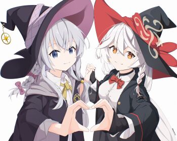 2girls absurdres artist_name black_hat black_jacket black_robe blue_archive blue_eyes bow bowtie braid breasts bright_pupils closed_mouth collared_shirt commentary crossed_bangs crossover diagonal-striped_bow diagonal-striped_bowtie diagonal-striped_clothes dress_shirt elaina_(majo_no_tabitabi) eri_(blue_archive) foreshortening grey_hair hair_between_eyes hair_bow hat hat_ornament hat_ribbon heart heart_hands heart_hands_duo highres holding_hands interlocked_fingers jacket large_breasts long_hair long_sleeves look-alike looking_at_viewer low_ponytail majo_no_tabitabi multiple_girls neck_ribbon open_clothes open_jacket open_robe orange_eyes ponytail purple_bow red_bow red_bowtie red_ribbon ribbon robe school_uniform shirt sidelocks simple_background single_braid sleeves_past_wrists smile split_mouth star_(symbol) star_hat_ornament striped_bow striped_bowtie striped_clothes trait_connection turtleneck turtleneck_shirt two-sided_fabric two-sided_headwear upper_body very_long_hair white_background white_pupils white_shirt wide_sleeves witch witch_hat yellow_ribbon ying-skd710