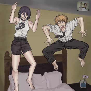 1boy 1girl 1other arms_up barefoot bed black_necktie black_pants black_shorts blonde_hair chainsaw_man choker collared_shirt commentary cup denji_(chainsaw_man) facing_viewer flower hair_between_eyes hashtag-only_commentary highres indoors jumping meme neck_ribbon necktie open_mouth otataru0806 pants photo-referenced photo_inset purple_hair reference_inset reze_(chainsaw_man) ribbon shirt shirt_tucked_in short_sleeves shorts sleeveless sleeveless_shirt teeth white_shirt wide-eyed yellow_eyes youkai_gyaru_(meme)