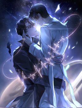 Rule 34 | 2boys, arm around waist, black coat, black hair, cardiogram, chongc11223, closed eyes, coat, falling paper, glowing, hand on another's back, hand on another's face, hand on another's leg, highres, hug, kim dokja, male focus, multiple boys, omniscient reader's viewpoint, open clothes, open coat, popped collar, short hair, smile, white coat, yoo joonghyuk