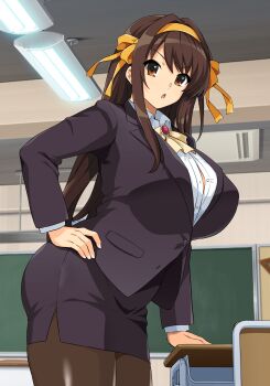 1girl :o absurdres alternate_breast_size_(larger) alternate_costume black_jacket black_skirt breasts brown_eyes brown_hair brown_pantyhose chair chalkboard classroom collared_shirt commentary_request desk hair_ribbon hairband hand_on_own_hip haruhisky highres indoors jacket large_breasts long_sleeves official_alternate_hair_length official_alternate_hairstyle pantyhose parted_lips pencil_skirt ribbon school_chair school_desk shirt skirt solo standing suzumiya_haruhi suzumiya_haruhi_no_yuuutsu teacher white_shirt yellow_hairband yellow_ribbon