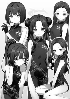 1girl absurdres alternate_hairstyle bare_legs bare_shoulders black_gloves blue_archive blunt_ends bob_cut braid braided_bun china_dress chinese_clothes closed_mouth commentary_request covered_navel dot_mouth dot_nose double_bun dragon_print dress eco_376124 expressionless feet_out_of_frame flat_chest forehead gloves greyscale hair_behind_ear hair_bun half_crown_braid halo hand_up highres kisaki_(blue_archive) leaning_forward loli long_hair monochrome multiple_views pelvic_curtain ponytail short_hair sitting sleeveless sleeveless_dress smile split_mouth standing thighs twintails two_side_up very_long_hair wavy_hair