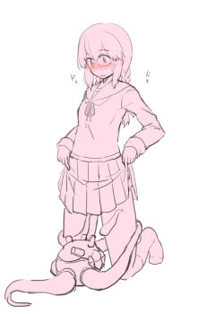 1girl blush braid commentary_request enemy_naval_mine_(kancolle) full-face_blush full_body glasses green_eyes greyscale hair_between_eyes implied_tentacle_sex isonami_(kancolle) kantai_collection kneehighs kneeling kugui_kiyunemu lifting_own_clothes long_hair long_sleeves low_twin_braids monochrome neckerchief open_mouth pleated_skirt sailor_collar school_uniform serafuku sidelocks simple_background sketch skirt socks solo spot_color sweat tentacles tentacles_under_clothes translated twin_braids