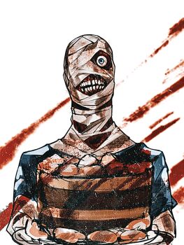 1boy bandaged_head bandages blood bloody_bandages blue_eyes body_horror burn_scar cake curly_(mouthwashing) curly_(post-crash)_(mouthwashing) disfigured exposed_muscle food hashtag-only_commentary highres holding holding_plate hospital_gown male_focus mouthwashing plate scar short_sleeves shu0718 solo teeth upper_body