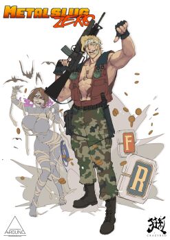 Rule 34 | 1boy, 1girl, abs, ammunition pouch, artist logo, artist name, assault rifle, bandaged head, bandaged leg, bandages, bandana, bare shoulders, barefoot, bat (animal), belt, black gloves, blonde hair, boots, breasts, breath, brown hair, camouflage, camouflage jacket, camouflage pants, coin, colored sclera, colored skin, combat boots, copyright name, crazyred, curvy, dog tags, english text, explosive, facepaint, fingerless gloves, full body, ghost, gloves, glowing, glowing eyes, gold coin, green pants, grenade, grey skin, gun, halloween, halloween costume, headband, highres, holding, holding gun, holding weapon, huge breasts, jacket, jewelry, kalashnikov rifle, knife, lace-up boots, large breasts, logo, looking at viewer, m16, marco rossi, metal slug, multicolored hair, mummy, mummy costume, muscular, muscular male, navel, necklace, no bra, no panties, object through head, open clothes, open mouth, open vest, pants, patchwork skin, pectoral cleavage, pectorals, pointing, pouch, purple eyes, red vest, rifle, rocket launcher, scar, short hair, simple background, sleeveless, sleeveless jacket, smile, standing, the king of fighters, thumbs down, toes, vampire, vest, weapon, whip (kof), white background, white bandana, white headband