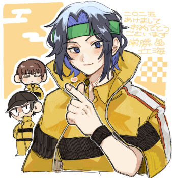 Rule 34 | 3boys, :3, adam's apple, arm at side, baseball cap, black hat, blue eyes, blue hair, blush, blush stickers, border, brown hair, chibi, chibi inset, closed eyes, closed mouth, collared shirt, colored inner hair, cropped torso, curtained hair, finger heart, green headband, hand up, hat, hatching (texture), headband, heart, highres, jacket, jacket on shoulders, jitome, kusamoti 91, linear hatching, long bangs, looking at viewer, male focus, multicolored hair, multiple boys, outline, parted bangs, popped collar, sanada gen'ichirou, shirt, short hair, solo focus, sweatband, tennis no ouji-sama, track jacket, track suit, translation request, wavy hair, white border, white outline, wristband, yanagi renji, yellow background, yellow jacket, yellow shirt, yukimura seiichi