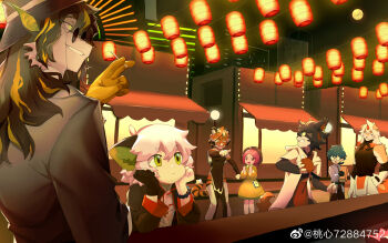 2girls 5boys a'gen_(the_legend_of_luoxiaohei) aak_(arknights) absurdres arknights bead_bracelet beads black_dress black_shirt bracelet cat_boy dog_boy dragon_boy dress furry furry_female furry_male gloves green_eyes green_hair grin heixiu highres hung_(arknights) jewelry lantern lee_(arknights) long_hair luo_xiaobai luo_xiaohei luo_xiaohei_(human) luo_xiaohei_zhanji multiple_boys multiple_girls night outdoors paper_lantern pointing pointing_at_another round_eyewear shabi96522 shirt single_glove smile tiger_girl waai_fu_(arknights) yellow_dress yellow_gloves