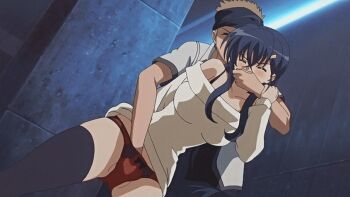 1boy 1girl animated animated_gif bandana blue_hair blush breasts censored cheating covering_mouth groping hair_ornament large_breasts mesu_nochi_torare molestation netorare reiko_(mesu_nochi_torare)