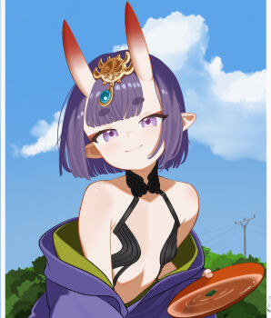 1girl alcohol bare_shoulders blue_sky breasts cup fate/grand_order fate_(series) highres horns japanese_clothes kimono looking_at_viewer mupp off_shoulder oni outdoors pointy_ears purple_eyes purple_hair purple_kimono sakazuki sake short_hair shuten_douji_(fate) skin-covered_horns sky small_breasts smile solo upper_body