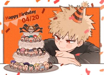 &gt;_&lt; 6+boys 6+girls :&gt; ^_^ aizawa_shota aoyama_yuuga ashido_mina asui_tsuyu bakugou_katsuki bird_boy birthday_cake black-framed_eyewear black_hair black_shirt blonde_hair blue_eyes blush_stickers boku_no_hero_academia brown_eyes cake character_doll closed_eyes closed_mouth commentary_request confetti dated doll facial_scar food freckles glasses grey_jacket grin hair_over_one_eye happy_birthday hat heterochromia highres horns iida_tenya jacket jiro_kyoka kaminari_denki kirishima_eijirou koda_koji long_sleeves looking_to_the_side male_focus midoriya_izuku mineta_minoru multicolored_hair multiple_boys multiple_girls necktie ojiro_mashirao one_eye_covered oyuuuuu1013 party_hat pink_hair purple_hair rectangular_eyewear red_eyes red_hair red_necktie ribbon sato_rikido scar scar_on_cheek scar_on_face school_uniform sero_hanta sharp_teeth shinso_hitoshi shirt shoji_mezo short_hair smile solo_focus streaked_hair string_of_flags suit_jacket teeth todoroki_shoto tokoyami_fumikage u.a._school_uniform uraraka_ochako yaoyorozu_momo