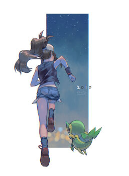 1girl artist_name bare_shoulders black_vest blue_shorts boots brown_footwear brown_hair city_lights commentary cutoffs dated dated_commentary denim denim_shorts exposed_pocket facing_away full_body gen_5_pokemon hat high_ponytail highres hilda_(pokemon) kikuyoshi_(tracco) lens_flare long_hair night night_sky nintendo pokemon pokemon_(creature) pokemon_bw ponytail running shirt short_shorts shorts sidelocks sky sleeveless sleeveless_shirt snivy star_(sky) vest white_background white_headwear white_shirt wristband