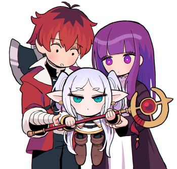 1boy 2girls axe bandaged_arm bandages black_coat black_pants black_pantyhose blunt_bangs boots brown_boots capelet closed_mouth coat cowboy_shot dot_mouth dress earrings elf fern_(sousou_no_frieren) frieren gashi-gashi gold_trim green_eyes grey_hair hair_between_eyes height_difference highres holding holding_another's_arm holding_staff jacket jewelry light_blush long_hair multiple_girls pants pantyhose parted_lips pointy_ears purple_eyes purple_hair red_coat red_hair short_hair skirt sousou_no_frieren staff stark_(sousou_no_frieren) thick_eyebrows twintails weapon weapon_on_back white_background white_capelet white_dress white_jacket white_skirt