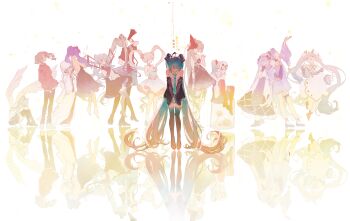 1girl absurdly_long_hair absurdres ahoge air_bubble ankle_boots aqua_hair aqua_necktie aqua_skirt arm_up armband aykko bare_legs bare_shoulders barefoot beret black_dress black_footwear black_gloves black_shirt black_skirt blouse blue_dress blue_flower blue_hair boots bow bowing breasts bubble butterfly_wings capelet clown_mask collared_shirt detached_sleeves dress facing_away facing_viewer fake_wings floating_hair flower geta glass gloves gradient_hair green_hair hair_bow hair_flower hair_ornament hair_ribbon hands_up hat hatsune_miku head_wings headphones heart heart_hands high_heel_boots high_heels highres holding holding_mask insect_wings inset jacket japanese_clothes jumping karakuri_pierrot_(vocaloid) kimono knees_up koi_wa_sensou_(vocaloid) leaning_back leaning_on_person leaning_to_the_side lily_of_the_valley long_hair long_sleeves looking_at_viewer looking_away looking_back looking_up mask megaphone miniskirt multicolored_hair necktie one_eye_covered pants pink_hair pinky_out plantar_flexion pleated_skirt praying profile purple_hair reaching red_thighhighs reflective_floor ribbon shinkai_shoujo_(vocaloid) shirt shoes short_sleeves sitting skirt smile song_request songover strapless strapless_dress string string_of_fate submerged suna_no_wakusei_(vocaloid) thank_you thigh_boots thigh_strap thighhighs translation_request twintails two-sided_fabric two-sided_skirt uchikake unworn_mask v_arms very_long_hair vocaloid white_background white_kimono wide_sleeves wings yuki_miku yuki_miku_(2013) yuki_miku_(2015) yuki_miku_(2017) yuki_miku_(2021) zettai_ryouiki