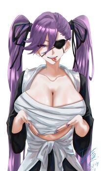 1girl artist_name bandaged_breasts bleach bleach:_sennen_kessen-hen breasts collarbone dated eyepatch female_focus gan_huang grabbing_own_breast haori highres japanese_clothes long_hair looking_at_viewer purple_eyes purple_hair saitou_furoufushi shihakusho simple_background tongue tongue_out twintails upper_body very_long_hair white_background