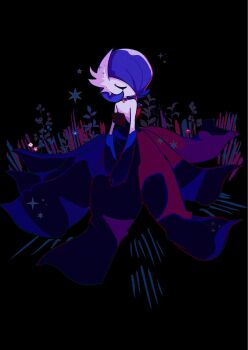 1other alternate_color black_dress blue_hair closed_mouth colored_skin dress gardevoir gen_3_pokemon hair_over_one_eye highres mega_gardevoir mega_pokemon mendako_(tyatyaumai29) nintendo pokemon pokemon_(creature) pokemon_focus shiny_pokemon white_skin