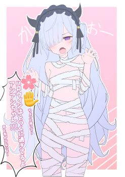 1girl :o absurdres bandages blue_hairband claw_pose demon_horns empty_eyes fang hairband halloween highres horns lolita_hairband looking_at_viewer mahou_shoujo_no_majo_saiban naked_bandage natsume_an-an negimasandayo open_mouth purple_eyes solo translation_request two-tone_background white_hair